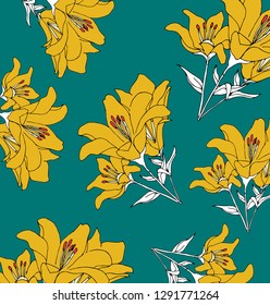 Abstract seamless pattern of lily flowers on green background. Floral Pattern Vintage Style