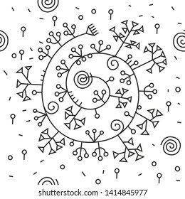 Abstract seamless pattern. Line art pictures. A spiral with trees, bushes and grass.
