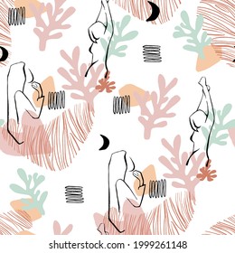 Abstract seamless pattern with line art women body and moon celestial modern shapes. Trendy fashion background includes modern minimalist art organic flat cartoon background for fabric