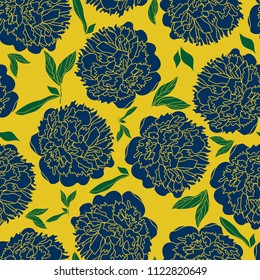 Abstract seamless pattern with line leaves and flowers. Blossom floral vector texture in modern style. Hand drawn blue peonies on yellow background. Good for fashion prints. Elegant design.