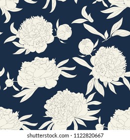 Abstract seamless pattern with line leaves and flowers. Blossom floral vector texture in modern style. Hand drawn peonies on dark blue background. Good for fashion prints. Elegant design.