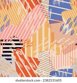 Abstract seamless pattern with line and scribble dot. Stylish vector texture with diagonal stripes, lines, and dot. Geometric colorfull graphic background.