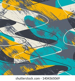 Abstract seamless pattern with linear waves. Colorful grunge style.