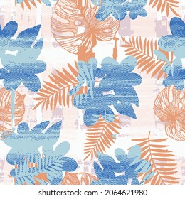 Abstract seamless pattern with linen woven texture texture, colorful tropical flowers silhouette. Contemporary collage art. Modern vector illustration for fabric, wrapping texture, textile, wallpaper