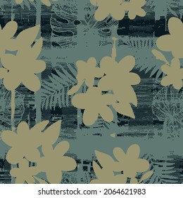 Abstract seamless pattern with linen woven texture texture, colorful tropical flowers silhouette. Contemporary collage art. Modern vector illustration for fabric, wrapping texture, textile, wallpaper