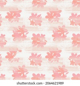 Resumen de un patrón sin fisuras con textura trenzada de lino, silueta de flores tropicales coloridas. Arte de collage contemporáneo. Ilustración vectorial moderna para tela, textura envolvente, textil, papel pintado