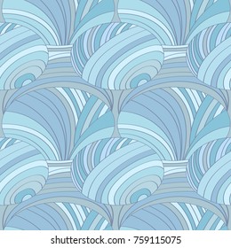 Abstract seamless pattern of lines and circles, in pastel blue color. Vector image.
