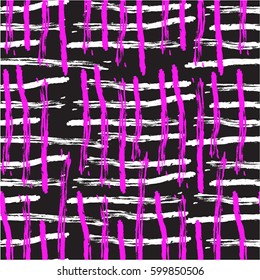 Abstract seamless pattern. Lines drawn with free hands, abstract texture of a cell. The overlapping chaotic pink and white strips on a black background. Modern stylish texture.

