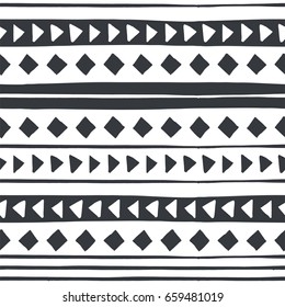 Abstract seamless pattern of lines, squares, triangles on white background. Figure for textiles.