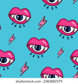 Abstract seamless pattern with lips and eyes vampires. Teenager repeat print. Girls cover ornament