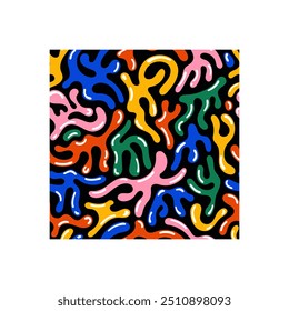 Abstrai o padrão perfeito com formas orgânicas líquidas. Cartaz retrô abstrato. Bolhas onduladas coloridas e gotas no estilo Y2K moderno. Ilustração vetorial sobre fundo escuro