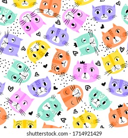 Abstract seamless pattern for little  girls with colorful funny cats. Fashion illustration in modern style. Bright print