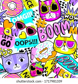 Abstract seamless pattern for little  girls with colorful funny cats in sunglasses. Fashion illustration in comic style. Bright summer print