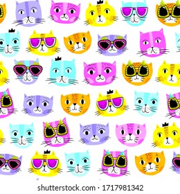 Abstract seamless pattern for little  girls with colorful funny cats in sunglasses. Fashion illustration in modern style. Bright summer print