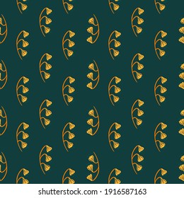 Abstract seamless pattern with little orange bell flowers ornament. Dark turquoise background. Bloom print. Vector illustration for seasonal textile prints, fabric, banners, backdrops and wallpapers.