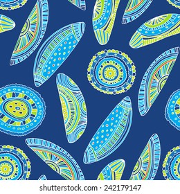 Abstract seamless pattern with lobule and circle. Blue