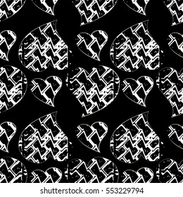 Abstract seamless pattern with love hearts. Ornate zigzag black and white ornaments.