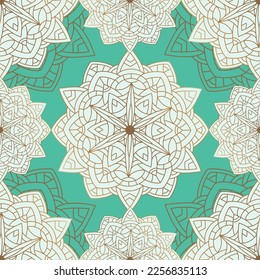Abstract seamless pattern of luxury mandala with floral elements. Decorative vintage ornament on turquoise background. Ethnic mosaic oriental vector illustration for wallpaper, wrapping paper, fabric