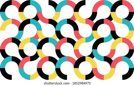 Abstract, seamless pattern made with colorful, circular geometric shapes. Red, blue, yellow and black colors are used. Playful, fun and modern vector background for graphic design.