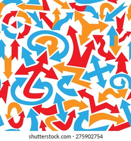 Abstract seamless pattern made of colorful arrows of various shapes.