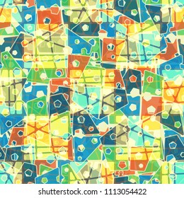 Abstract seamless pattern made up of four-part pentagons. Multicolored texture with translucent details. The picture is supplemented by translucent spots superimposed on top.