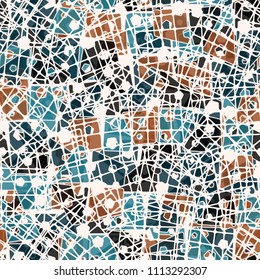 Abstract seamless pattern made up of four-part pentagons. Multicolored texture with translucent details. Above the picture is a network of square pieces of grating.