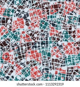Abstract seamless pattern made up of four-part pentagons. Multicolored texture with translucent details. Above the picture is a network of square pieces of grating.