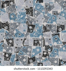 Abstract seamless pattern made up of four-part pentagons. Multicolored texture with translucent details. Above the picture is a placer of five-pointed stars.