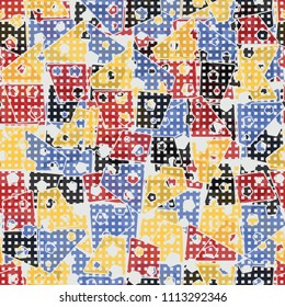 Abstract seamless pattern made up of four-part pentagons. Multicolored texture with translucent details. A network of small squares is thrown on the picture.