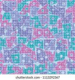 Abstract seamless pattern made up of four-part pentagons. Multicolored texture with translucent details. A network of small squares is thrown on the picture.