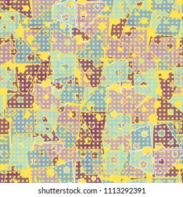 Abstract seamless pattern made up of four-part pentagons. Multicolored texture with translucent details. A network of small squares is thrown on the picture.