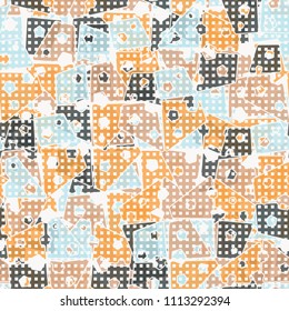 Abstract seamless pattern made up of four-part pentagons. Multicolored texture with translucent details. A network of small squares is thrown on the picture.