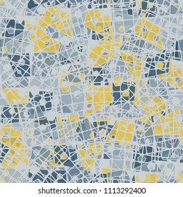 Abstract seamless pattern made up of four-part pentagons. Multicolored texture with translucent details. Above the picture is a network of square pieces of grating.