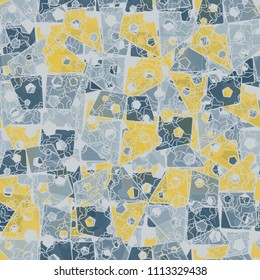 Abstract seamless pattern made up of four-part pentagons. Multicolored texture with translucent details. Above the picture is a grille of intersecting seven-pointed stars.