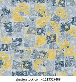 Abstract seamless pattern made up of four-part pentagons. Multicolored texture with translucent details. On the picture is laid an openwork grille of intersecting rounded figures.