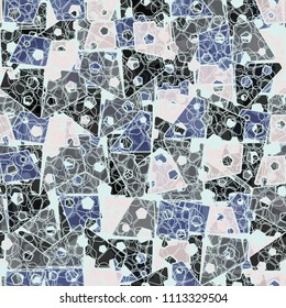 Abstract seamless pattern made up of four-part pentagons. Multicolored texture with translucent details. On the picture is laid an openwork grille of intersecting rounded figures.