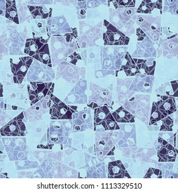 Abstract seamless pattern made up of four-part pentagons. Multicolored texture with translucent details. On the picture is laid an openwork grille of intersecting rounded figures.