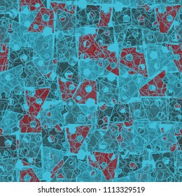 Abstract seamless pattern made up of four-part pentagons. Multicolored texture with translucent details. On the picture is laid an openwork grille of intersecting rounded figures.