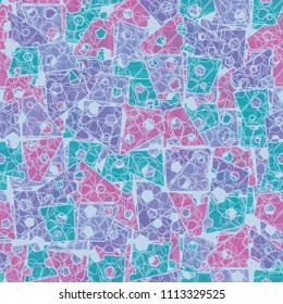 Abstract seamless pattern made up of four-part pentagons. Multicolored texture with translucent details. On the picture is laid an openwork grille of intersecting rounded figures.
