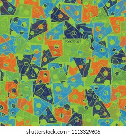 Abstract seamless pattern made up of four-part pentagons. Multicolored texture with translucent details. The picture is supplemented by a regular grid of strange figures.