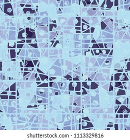 Abstract seamless pattern made up of four-part pentagons. Multicolored texture with translucent details. Above the picture there is a lattice of broken squares.