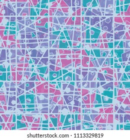 Abstract seamless pattern made up of four-part pentagons. Multicolored texture with translucent details. Above the picture there is a lattice of broken squares.