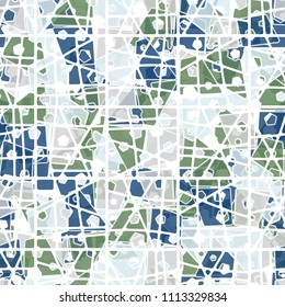 Abstract seamless pattern made up of four-part pentagons. Multicolored texture with translucent details. Above the picture there is a lattice of broken squares.