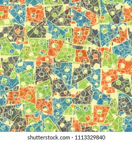 Abstract seamless pattern made up of four-part pentagons. Multicolored texture with translucent details. On the picture is laid an openwork grille of intersecting rounded figures.