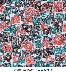 Abstract seamless pattern made up of four-part pentagons. Multicolored texture with translucent details. On the picture is laid an openwork grille of intersecting rounded figures.