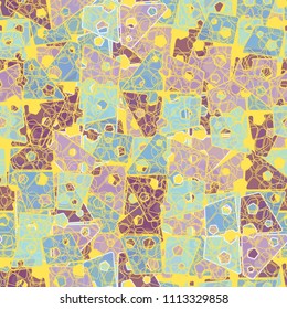 Abstract seamless pattern made up of four-part pentagons. Multicolored texture with translucent details. On the picture is laid an openwork grille of intersecting rounded figures.