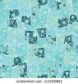 Abstract seamless pattern made up of four-part pentagons. Multicolored texture with translucent details. On the picture is laid an openwork grille of intersecting rounded figures.