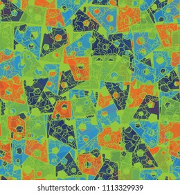 Abstract seamless pattern made up of four-part pentagons. Multicolored texture with translucent details. Above the picture is a grille of intersecting seven-pointed stars.