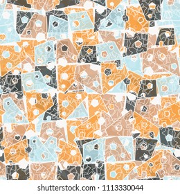 Abstract seamless pattern made up of four-part pentagons. Multicolored texture with translucent details. Above the picture is a placer of five-pointed stars.