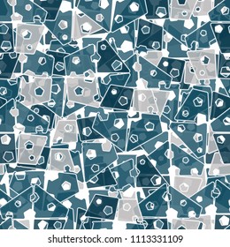 Abstract seamless pattern made up of four-part pentagons. Multicolored texture with translucent details.